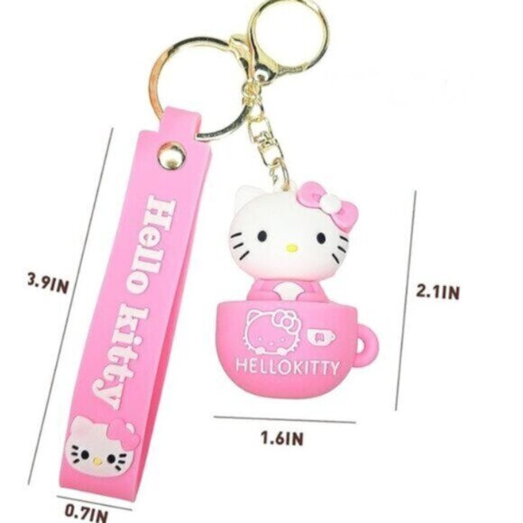Hello Kitty Pink Red White Coffee Cup Keychain Gold-Tone Charm Wristlet 2 Pcs - Picture 2 of 3